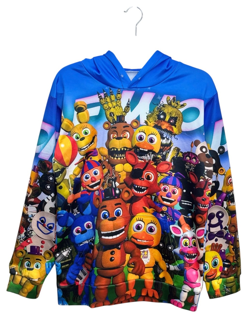 FNAF Kids Blue Graphic Hoodie with Colorful Character Collage